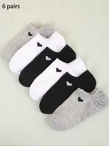 6 Pairs Women's Fashionable Breathable Heart Pattern Socks, Casual Low-Cut Graphic Ankle Socks, Moisture-Wicking Style, All Seasons Wear