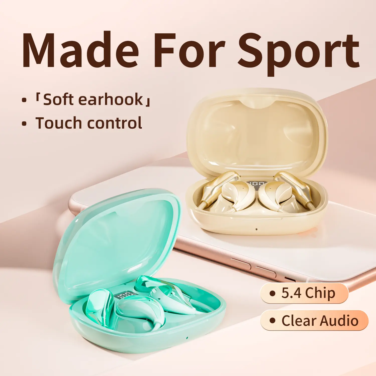 Wireless Earbuds, Bluetooth 5.4 Headphones Sport, Over Ear Buds With ENC Noise Cancelling Mic,  Wireless Earphone With Earhooks, Stereo Deep Bass, IP7 Waterproof ear bud for Workout Running