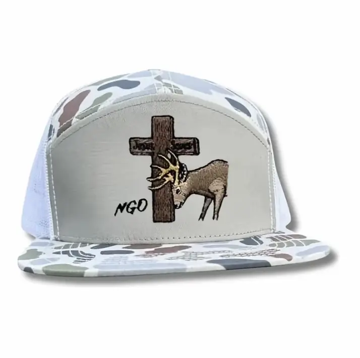 Faith Inspired Camo Crosscut Buck Hat | Embroidered Deer & Cross | Durable Unisex 7 Panel Hunting Hiking Everyday Snapback