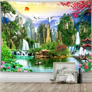 Scenic Waterfall Landscape Wall Tapestry - Vibrant Nature Scene with Waterfalls, Pagoda & Cherry Blossoms, Polyester Fabric, Perfect for Living Room or Dorm Decor, Includes Installation Kit, Waterfall Decor 60X40