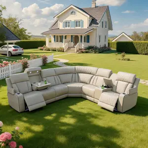 Aainehome Beige Power Reclining Leather Sofa Set 3-Piece Living Room Ensemble with LED Red Breathing Leather Comfortable & Stylish Design