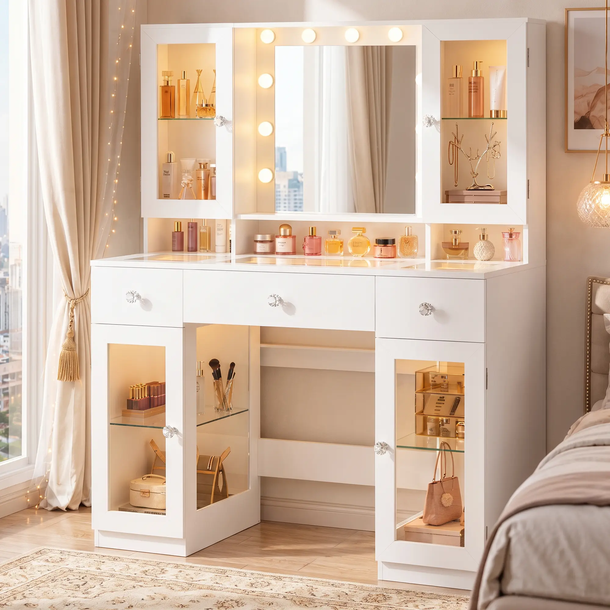 Stylish Makeup Vanity Furniture (43" Glass Top), Apartment Furniture with Built-in Mirror Cabinets, RGB Lights, Power Outlet, 3 Drawers, 3-Color Adjustable Brightness for Bedroom, White