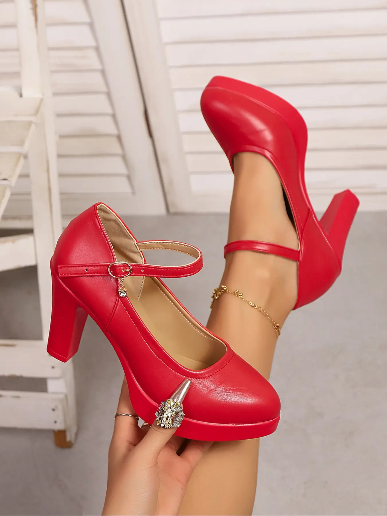 New Adjustable Velcro Strap Comfortable Soft Chunky Heel Fashion Elegant Shoes for Women, PU Leather Round Toe Low Top Casual Shoes, Elegant Party Shoes