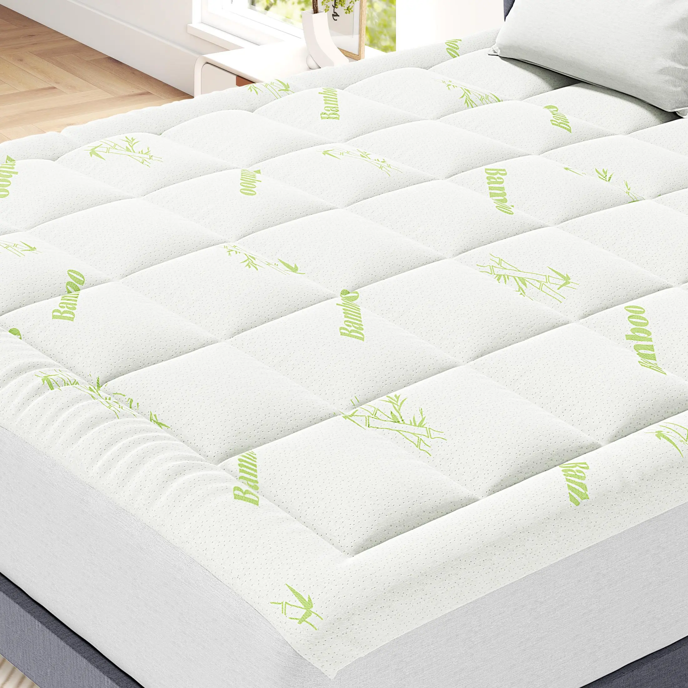 Ultra-Soft Bamboo Viscose Pillow Top Mattress Pad with Stretchable Pockets, Bamboo Topper Mattress for Bedding Protection