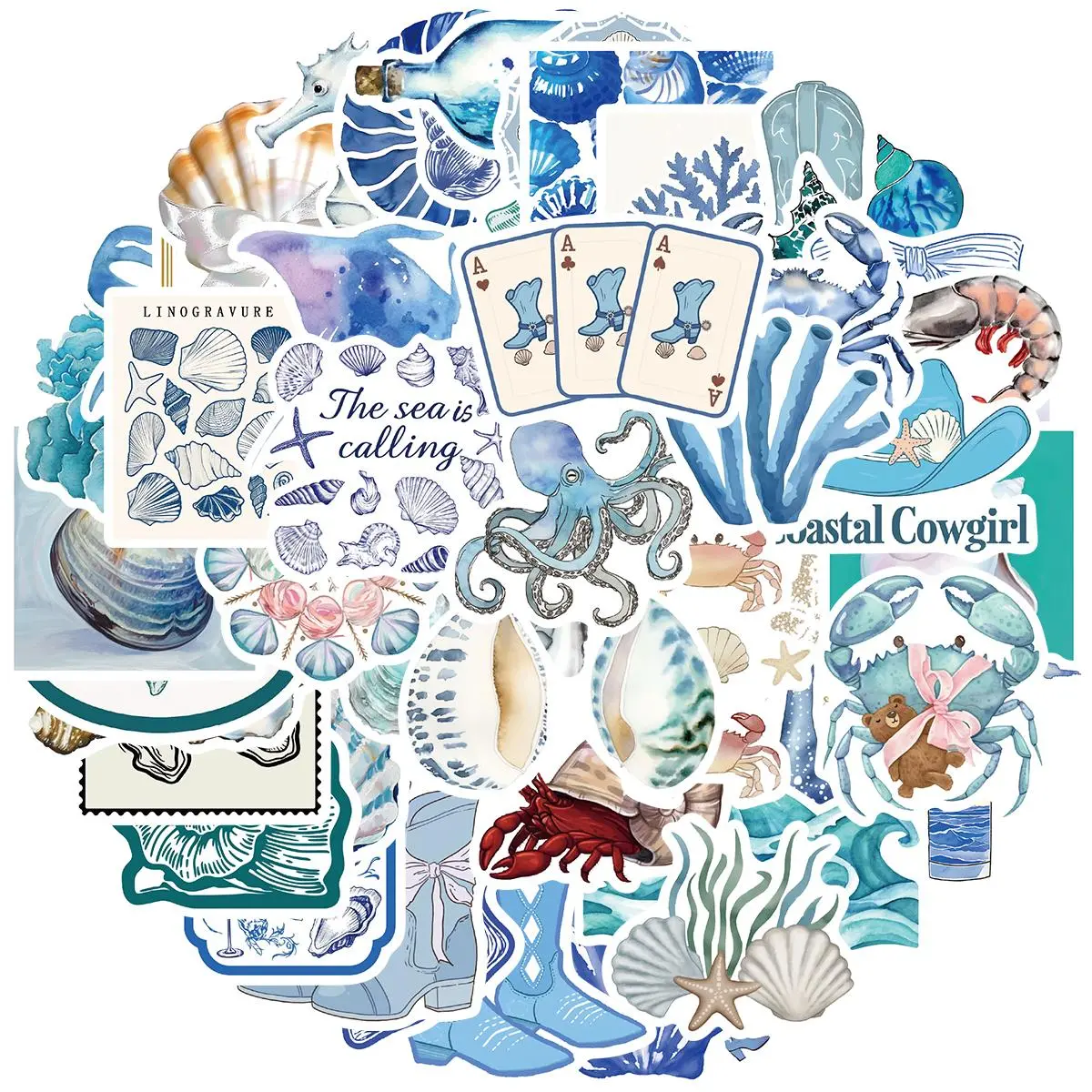 Coastal Themed Sticker, 50pcs/set Waterproof Self Adhesive Decor Paper, Decor Sticker for Gift Greeting Card Water Bottle Laptop Phone Cellphone, Ornaments