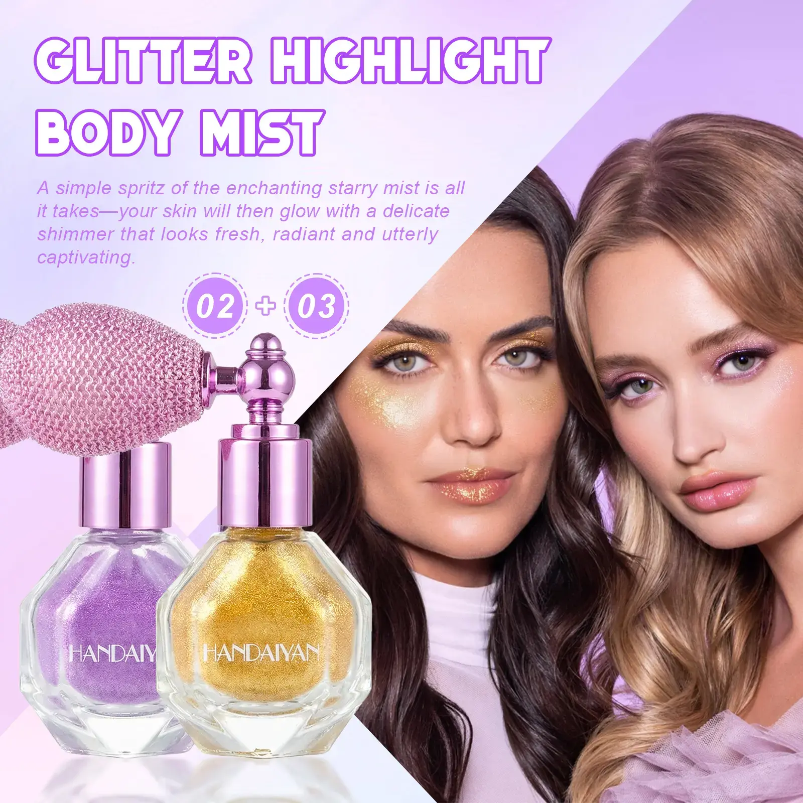 Cosmetic Highlighter Spray for Face & Body, Shimmer Mist for Glowing Makeup, Alcohol-Free Gentle Formula - Ambient Purple, Instant Shine, Infinite Glow, Spritz Mist