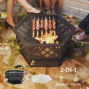 Outsunny 28-34" Outdoor Fire Pit Grill, Portable Wood Burning Firepit for Outside with Cooking Grate, Fire Poker, Spark Screen Lid, Steel Hexagon Fireplace for Patio Bonfire Backyard BBQ Camping Picnic