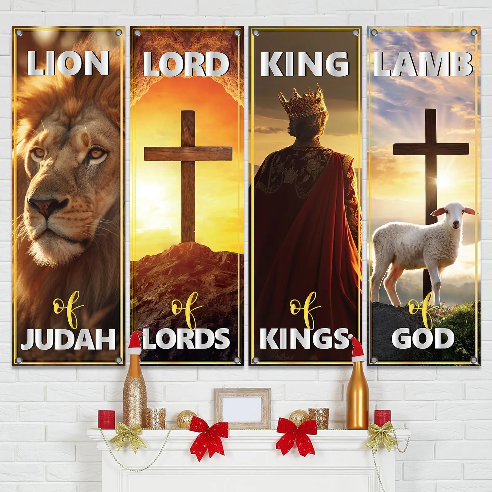 2D Flat Banner 4pcs, Church Banner for Temple Wall Worship, Christian Bible Verse Hanging Sign, Religious Decoration for Churches Schools, Religious Home Decor