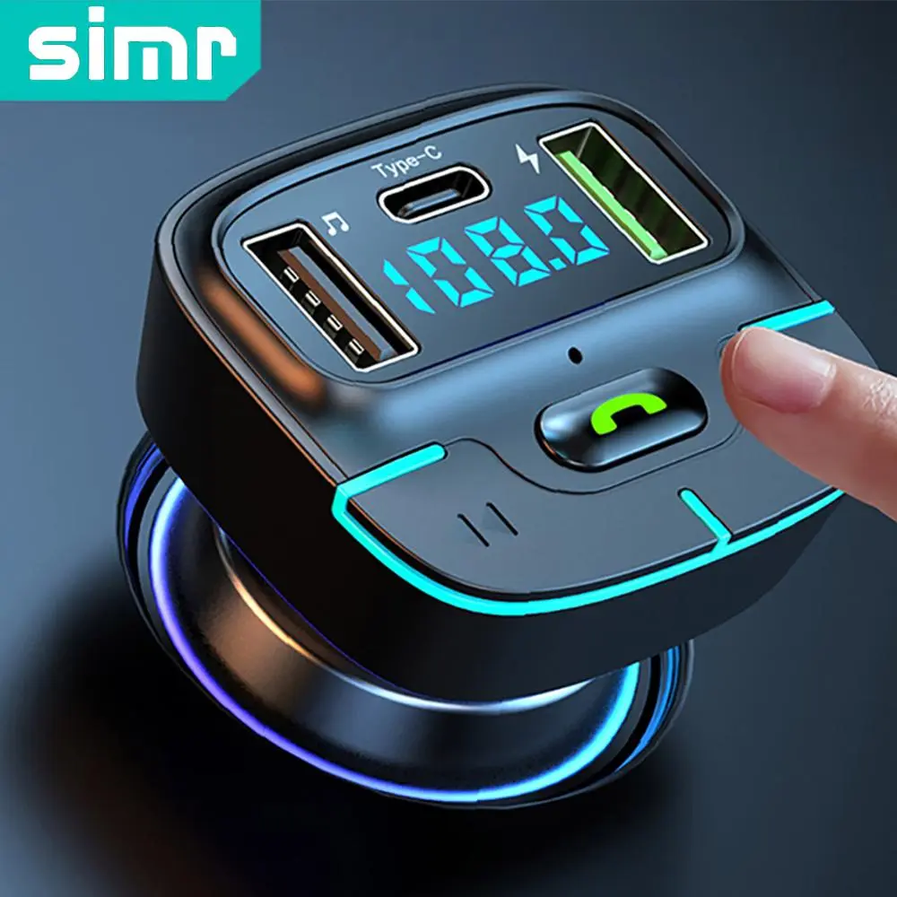 simr W1 Super Lossless Sound BT Wireless Car MP3 Player FM Transmitter Fm Car Adapter Dual USB Fast Charging PD Type-C USB One-Key Hands-Free Calling Car Audio Receiver Rapid Charger Automobile Adapter Phone Charging Accessories