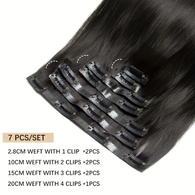 7Pcs Seamless Clip-In Straight Brazilian Remy Human Hair Extensions No Glue PU Clips 12-24 Inch 110-120g Natural Black Brown Blonde Adds Volume Length Quick Transformation Versatile Styling