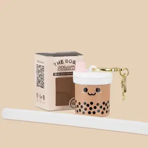 Boba Straw Keyring Set - Foldable Straw, Gold Keychain, Boba Carrying Case, Piercing Lid, Eco-Friendly, Dishwasher Safe, 2.2 x 1.61 in Dimensions