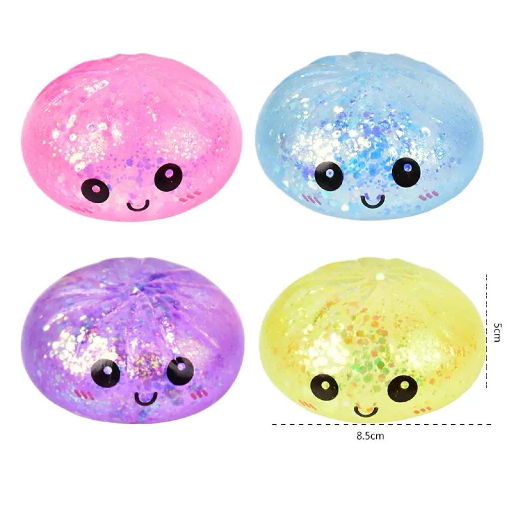 Glitter Smiling Dumpling Squishy with Steamer Box – Maltose Texture Soft TPR Fidget Toy for Kids & Adults, Cute Emoji Squeeze Ball, Ideal for Stress Relief & Gifting