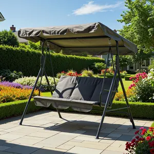 YJ-Garvee 3 Person Porch Swing Chair,Outdoor Patio Swing Chair with Adjustable Canopy and Armrests,Breathable Fabric Seat & Backrest,Outdoor Swing for Backyard, Garden, 600 Lbs Max Load，Grey