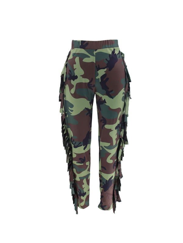 Women’s Fringe Camouflage Pants – Sexy High Waist Army Green Slim Fit Streetwear for Club, Party, Festival HN102