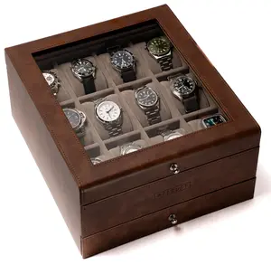 BEERUST 12 Slot Leather Watch Box Organizer for Men - Display Case with Valet Drawer - Ideal for Large Wrist Watches and Jewelry watch box