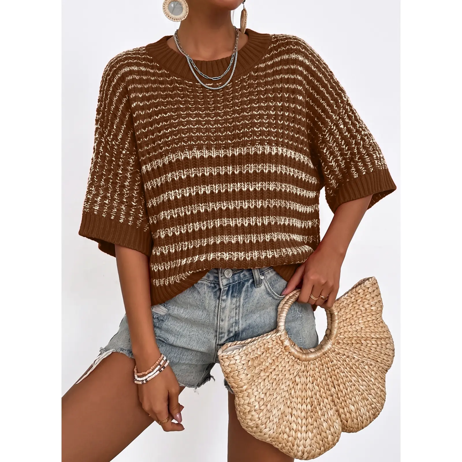 EVALESS Women's Acrylic Textured Jacquard Knit Sweater - M,2XL Sizes, Medium-High Stretch, Loose Fit, Batwing Sleeves, Crew Neck Pullover, Ribbed Option, Pairable with Denim Skirts, Ideal for Casual Days, Brunch Gatherings, Coffee Runs