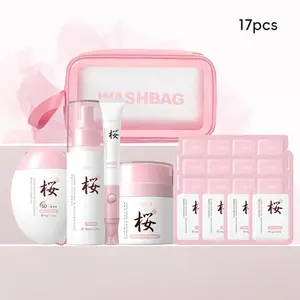 Sakura Skin Care Kit, 17pcs/set Toner & Cream & Sunscreen & Eye Cream & Makeup Bag & Experience Pack, Portable Skin Care Kit for Women, Skin Care Sets