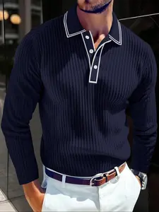Men's Long Sleeve Polo Shirt, Jacquard Fabric Collared Top, Business Casual Wear, Regular Fit, Suitable for Work & Formal Occasions, Classic, Menswear