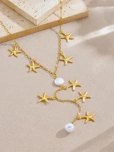 1Pcs Stainless Steel Golden Starfish Pearl Long Pendant Necklace Drop Necklaces Trendy Handmade Neck Chain Waterproof Jewelry Exquisite Jewelry Gift for Women