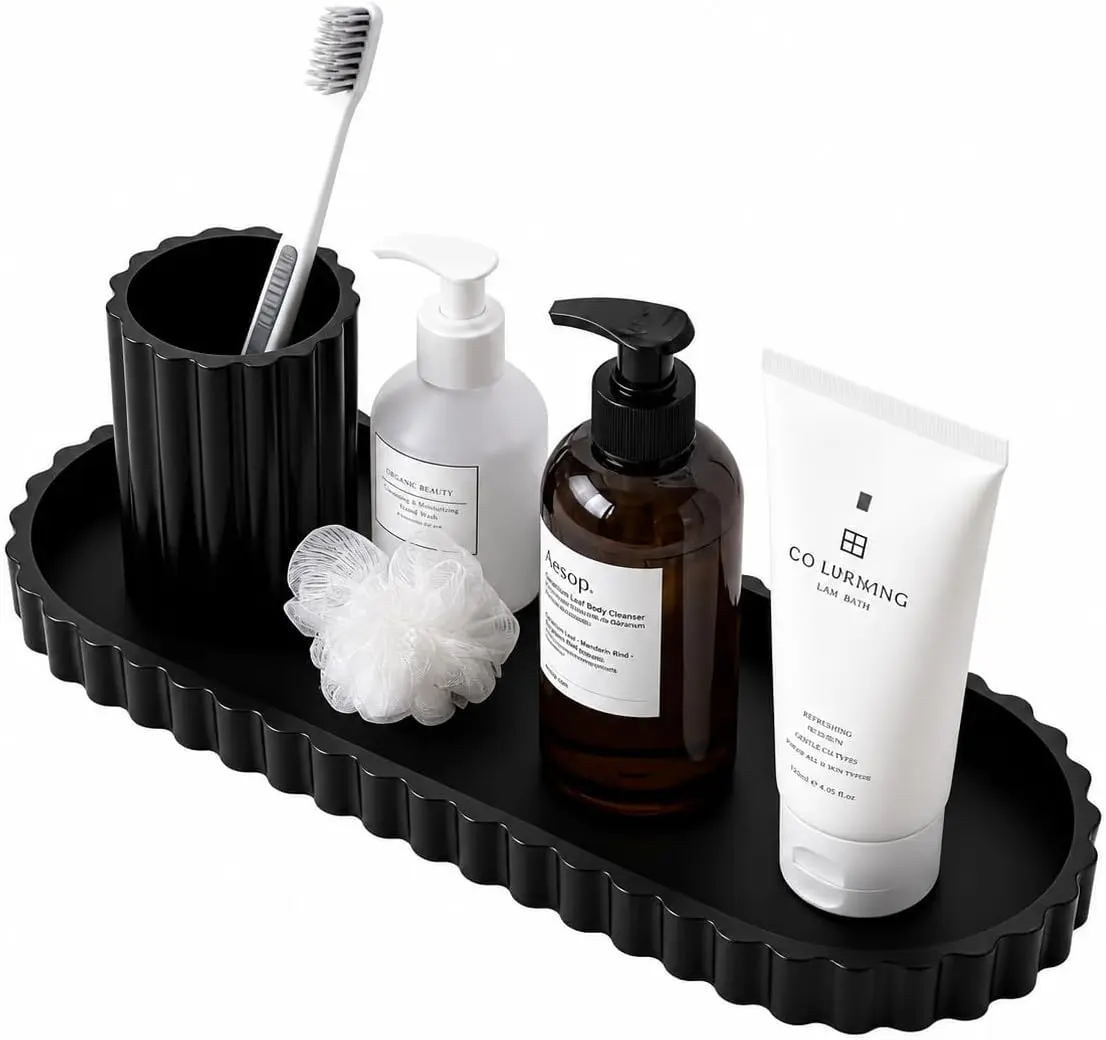 Black Silicone Bathroom Vanity Tray - 12x5.31 in Scalloped Edge Countertop Organizer with Anti-Slip Strips, Self-Adhesive Soap Caddy for Perfume, Candle, Toilet Paper