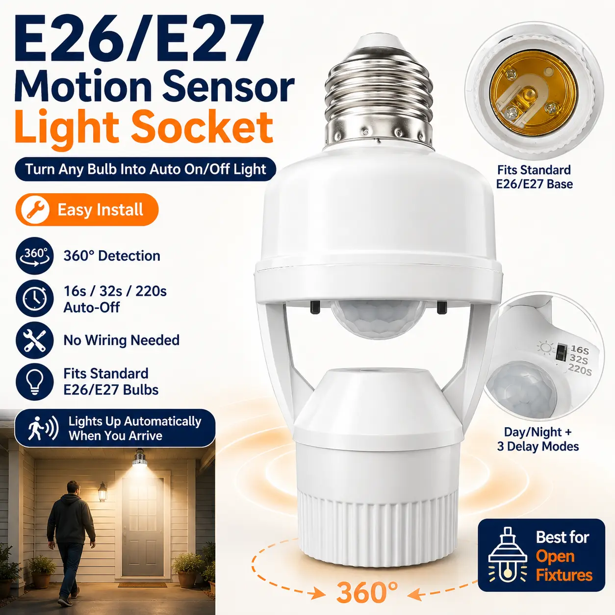 2 Pack Motion Sensor Light Socket, E26/E27 Bulb Base Adapter, 360° Detection, 13ft Sensing Distance, Auto On Off, Easy Install for Garage Basement