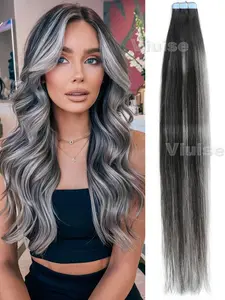 Straight Tape In Hair Extensions Human Hair,Black/Grey/Blonde/Brown Ombre Highlight Fashion Human Hair,Tape Hair Extensions Real Hair,Straight Natural Hair Extensions Add Volume/Hair Looking For Women 20PCS 30G