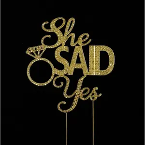 212 MAIN "She Said Yes" Silver Rhinestone Wedding Cake Topper - Gold, 5x5 in, Engagement Party Centerpiece, Cake Stick Decoration for Festive Home & Party Supplies