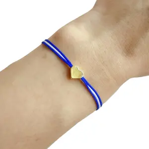Patriotic Heart Bracelet 18k Gold Plated Brass Blue String 9 Inch Nylon Cord Jewelry for Adults