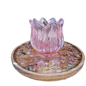 Rose Bloom Crystal Altar - Tulip Candle Holder on Resin Tray with Rose Petals Crystal Chips & Gold Leaf Decor Tealight for Emotional Healing Rituals - Wooden 4"x6"x6" - Ornaments