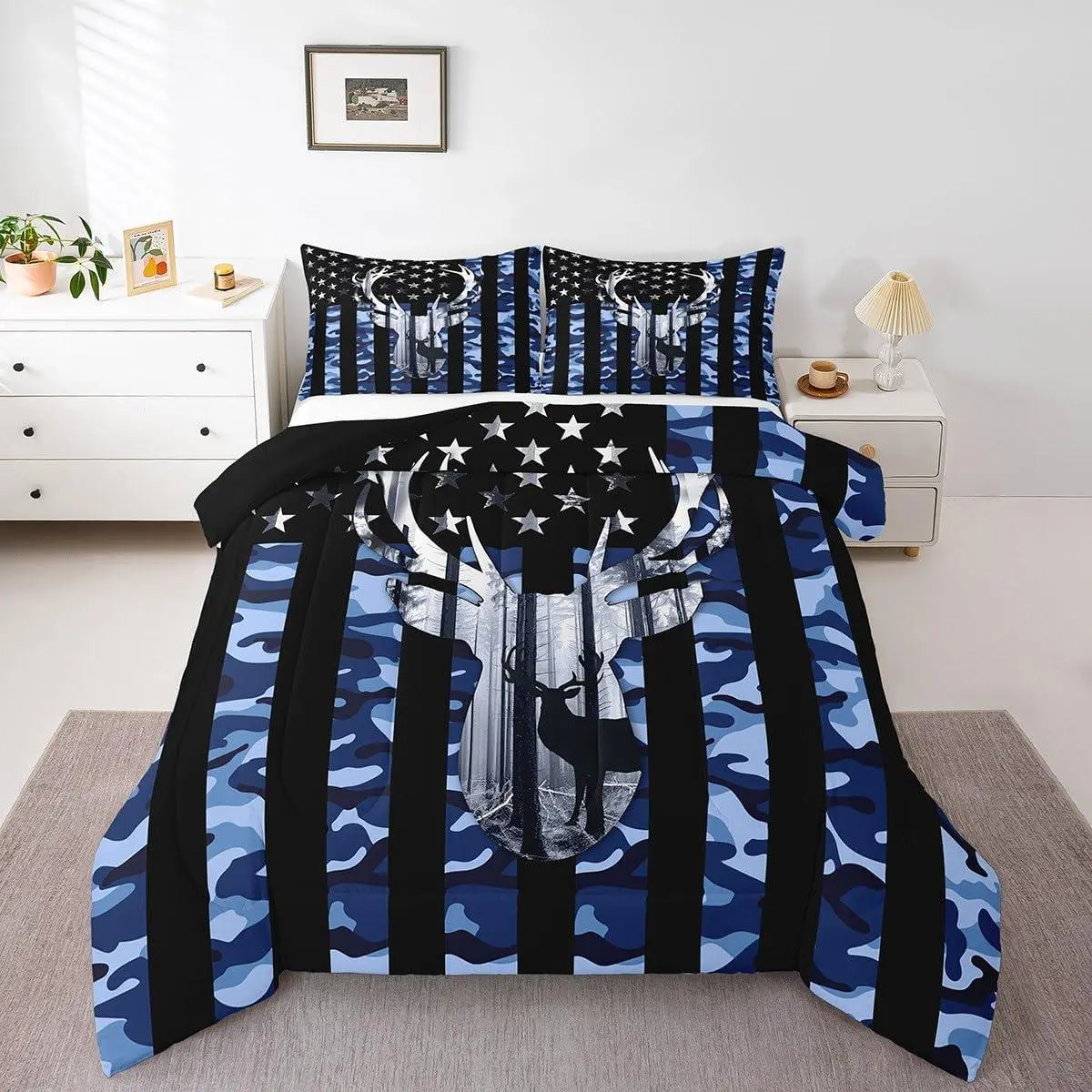 Camo American Flag Comforter Set,Deer Antlers Blue Camouflage Quilt Set Flags Room,Wild Animal Hunting Rustic Farm Branches Leaves Plant Stars Stripes USA Flag Bedding Set