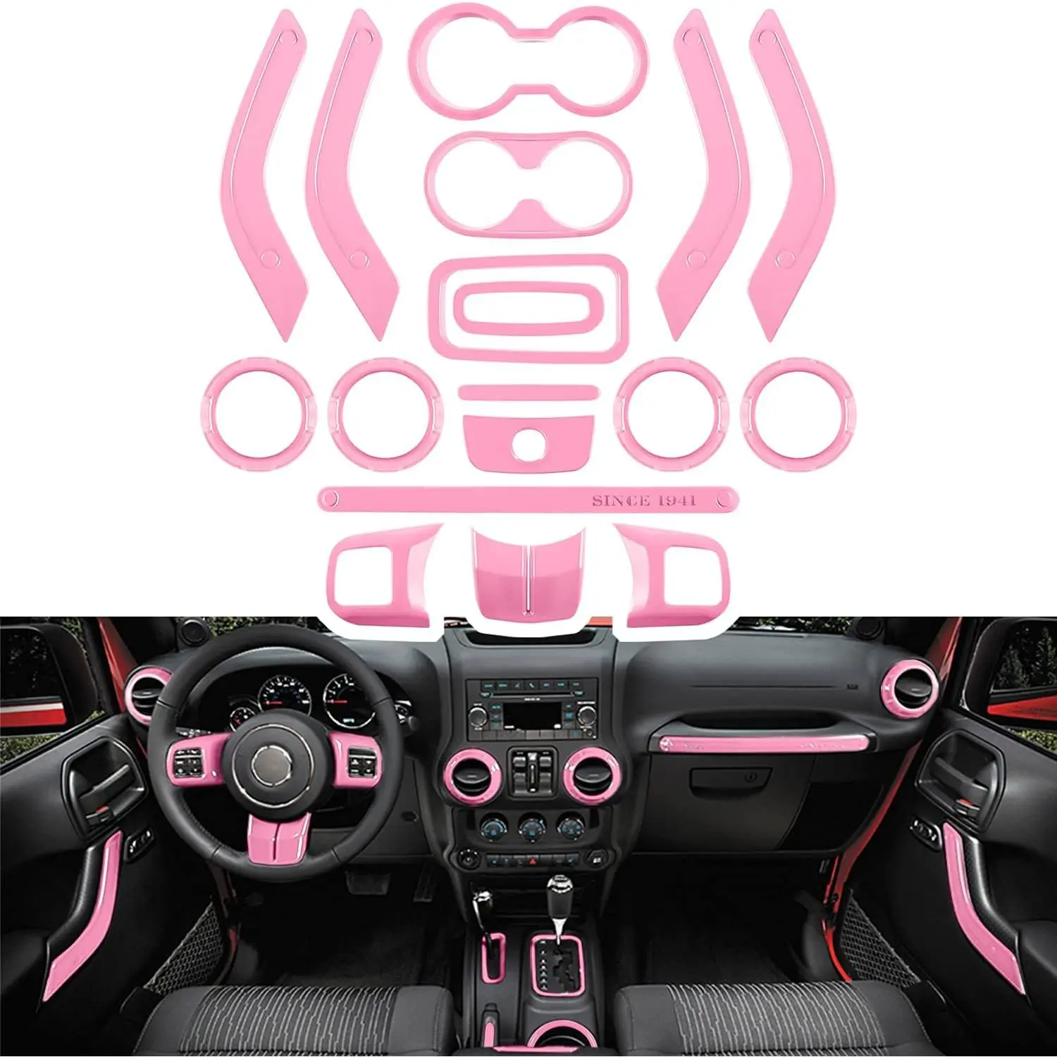 18 PCS Full Set Interior Decoration Trim Kit Steering Wheel Center Console Door Handle Air Conditioning Vent Cup Holder Gear Cover Trim for Jeep Wrangler JK JKU 2011-2018 4-Door (Pink), Steering Wheel Covers, Armrest Box Key Hole Cover