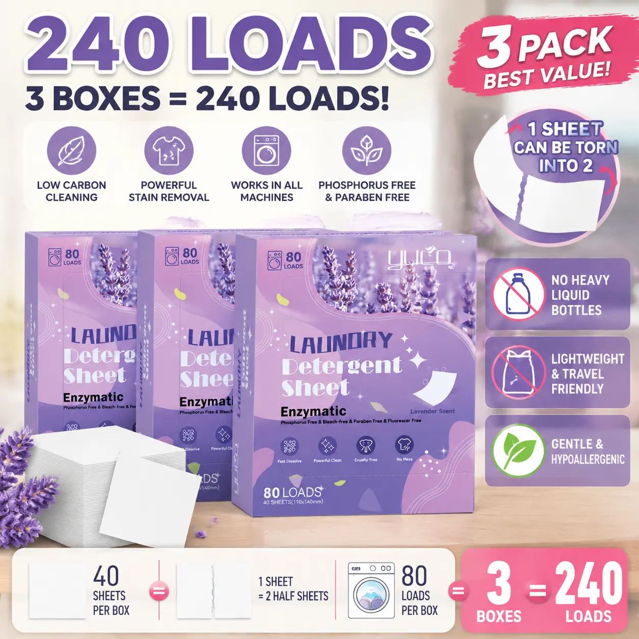 240 Laundry tablets(3 box) - suitable for mixed washing, with excellent color development effect, capable of removing stains, convenient to use, suitable for both household and commercial purposes, essential for laundries.