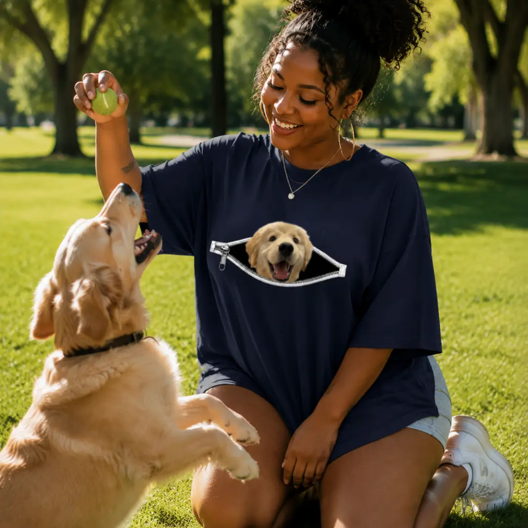 ADDICTIVEF Custom Pet Zipper Peek T-Shirt, Personalized Dog Photo Shirt, Funny Pet Lover Tee, Unique Puppy Cat Face Graphic Shirt, Oversized Unisex Couple Gift for Dog Moms & Dads