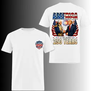 America 250 Trump Washington Patriotic T Shirt, 2 Sides, 1776 2026 US Flag America 250 Tee