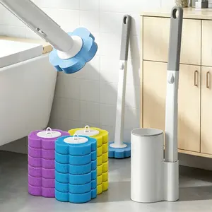 Disposable Wall Mount  Brush Kit, Plastic & Sponge Refills with Built-in Cleaning Liquid, Quick One-Wipe Clean, No Dead Corners, 18PCS 3 Scents Refills Blue/Purple/Yellow, Multifunctional Cleaner for , Sink, Bathtub, Drain & Urinal
