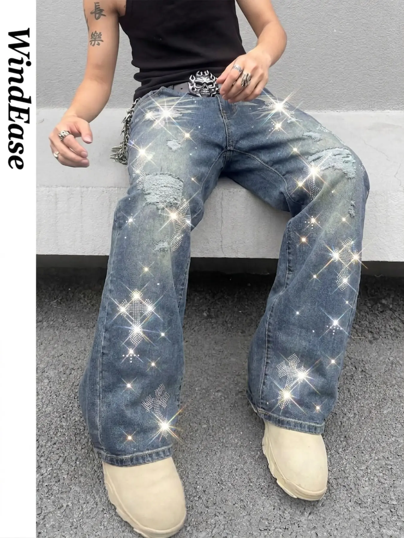 American Street Cross Rhinestone Ripped Microflare Denim Jeans, Light Blue Distressed Wash Baggy Wide Leg Long Pants, Y2K Glitter Gothic Casual Pants, Bling Jeans