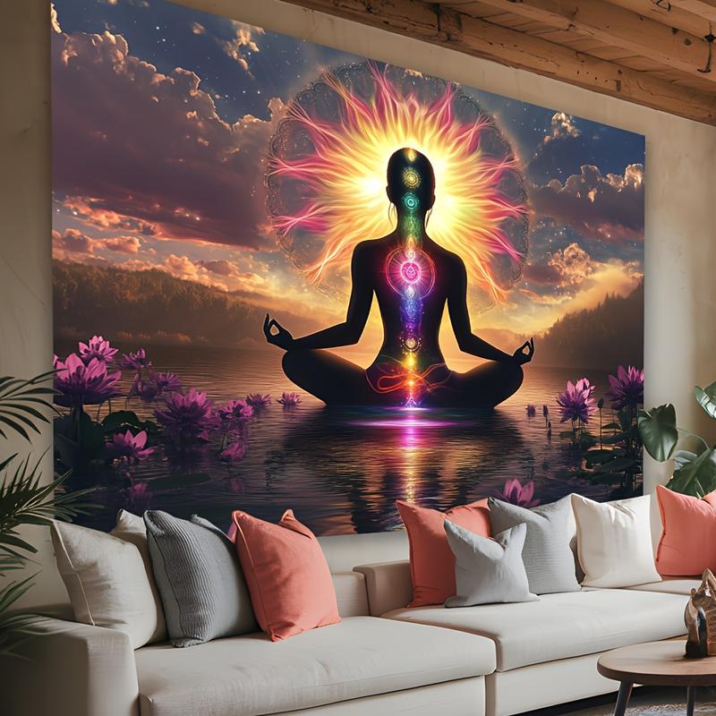 Elegant for Lotus Meditation Tapestry with Woman Silhouette - Vibrant Chakra & Mindfulness Decor, Polyester, No Power Needed - Perfect for Living Room, Bedroom, Office, Party - Unique Gift Idea, Zen Home Decor