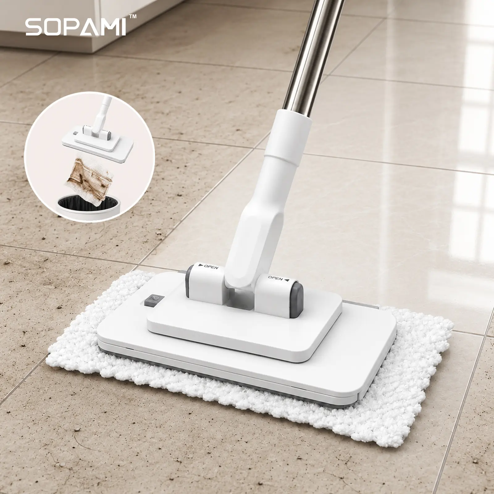 SOPAMI Flat Floor Mop with Cloth Clamp, One-Touch Press Wet and Dry Mop, 360° Swivel Head for Hardwood, Tile, Laminate and Home Cleaning