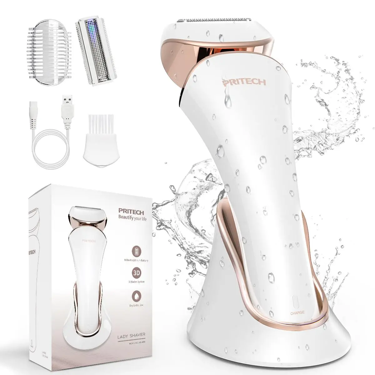 PRITECH Electric Shaver for Women Rechargeable 3 in 1 Blades Wet & Dry Cordless for Legs, Arms, Underarms, Bikini USB Rechargeable Razor Springtok