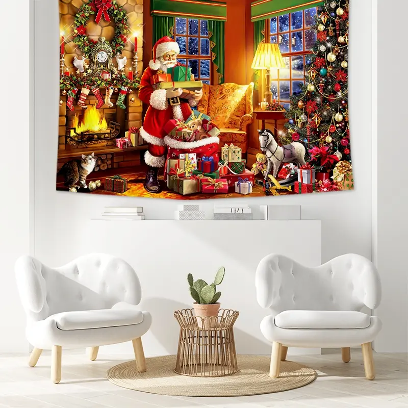 1PC Large Santa Claus Christmas Scene Tapestry Festive Wall Art Tapestry for Bedroom, Living Room, Office, Christmas Party or Holiday Decor Extra Large 78*59inch Polyester Tapestries with Free Installation Package Decor As Best Gift for Housewarming, Frie