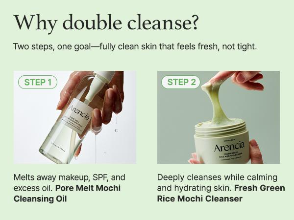 [Arencia Official] Pore Melt Double Cleansing Duo - Acne & Pore Safe Gentle Makeup-Removing Cleansing Oil & Foaming Wash with Rice, Vitamin E, Green Tea, Witch Hazel for Clear Skin, Pore Melt Mochi Cleansing Oil & Fresh Green Rice Mochi Cleanser 