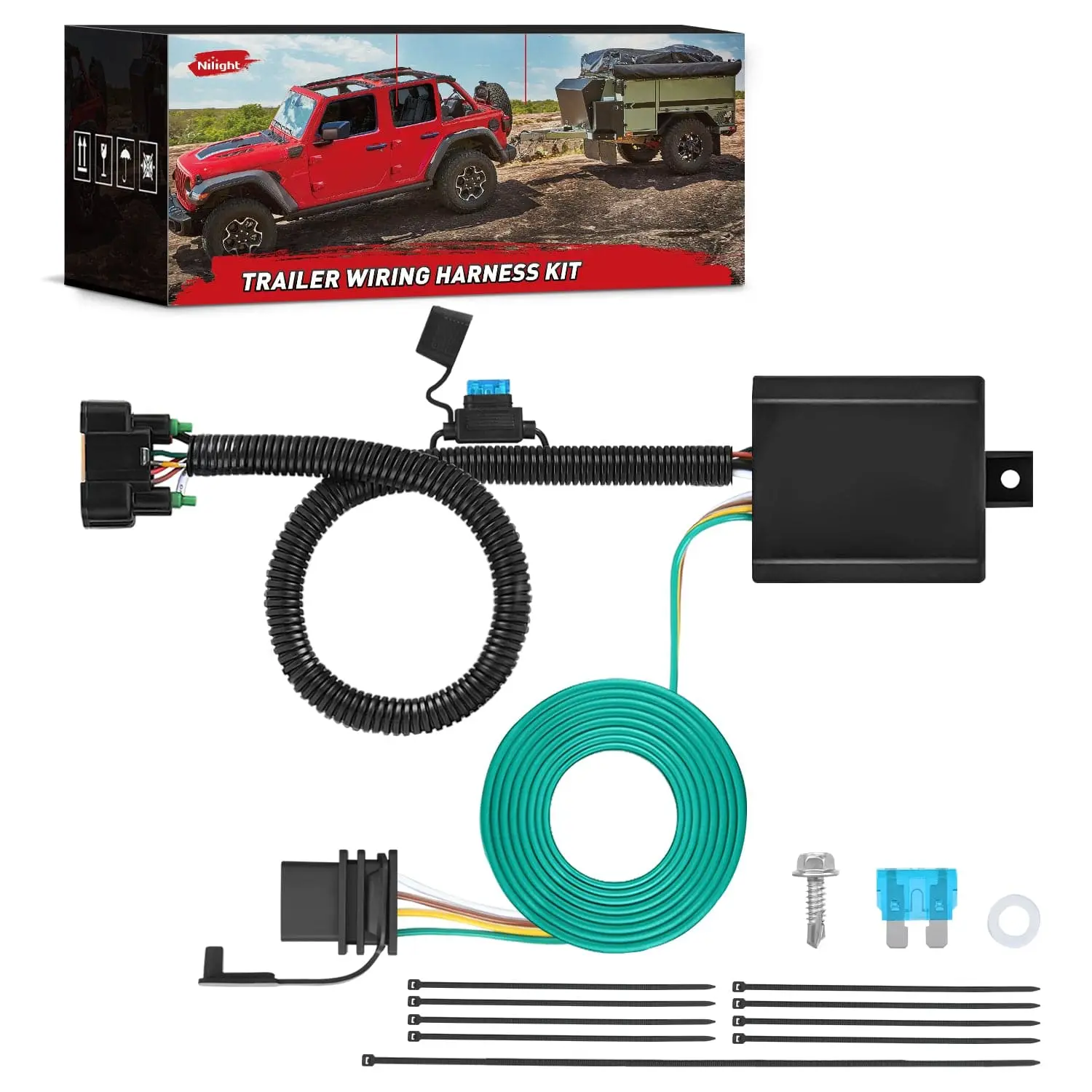 Nilight 4-Pin Custom Vehicle-Side Trailer Wiring Harness Kit, ABS Plastic Plug&Play Towing Trailers Accessory Compatible with Hyundai 2019-2024 Santa Fe, Santa Cruz, Palisade, Tucson; Kia Telluride, Sorento, Carnival, Dust Cover, 4-Pin Connector