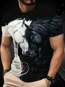 Men's Sporty Outdoor Athletic Fashion Activewear, Horse Pattern Printed Short Sleeve Summer Top, Athletic Shirt, Fitted Long Clothing, Mature Streetwear Style