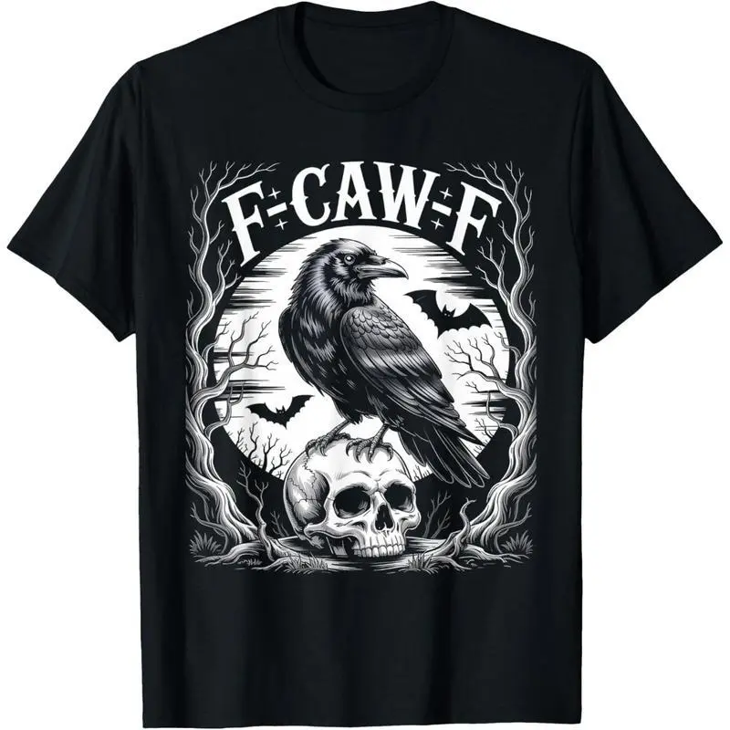 Men's Black Crow F-Caw-F Streetwear Cotton Short-Sleeve Print T-Shirt, Gothic Moon Graphic Humor Tee, Dark Aesthetic Raven-Inspired Unisex Garment, Soft Casual Top for Everyday Wear, Shortsleeve