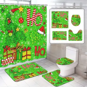 1/4pcs Christmas Theme Bath Curtain Set with Christmas Tree Design, Non-Slip Mat, U-Shaped Rug, Toilet Lid Cover, Includes 12 Hooks, Shower Curtain Set