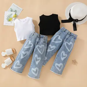 Toddler Baby Girl Summer 2Pcs Outfits Ribbed Sleeveless Vest Top+ Wide Leg Jeans Set for Age 1-6 Years