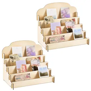 2 Pcs 4 Tier Greeting Card Display Stand Wooden Sticker Display Stand Portable Card Display Rack for Vendors Retail Counter Table Display Trade Shows Showcase (Wood Color,15.8 Inch)