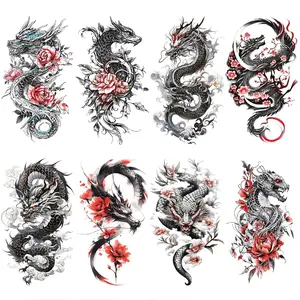 Realistic Dragon Flower Temporary Tattoo for Women, Large Chinese Dragon Floral Fake Tattoo Adult Girl, 3D Black Color Temp Tatoo Sticker Chest Half Arm Body Art Makeup, 8-Sheet