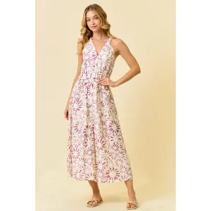 Abstract Floral Halter Dress Pink