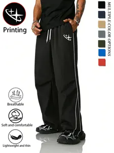 Unisex Y2K street-style pants featuring side stripes and star print, a drawstring elastic waistband design; lightweight, breathable, soft summer casual long pants—hip-hop athletic casual trousers available in multiple colors for everyday wear, fitness, an